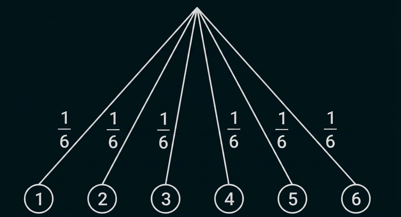 Wahrscheinlichkeitsdiagramm mit sechs gleich wahrscheinlichen Ergebnissen.